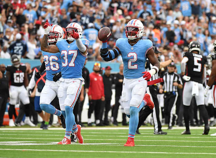 Tennessee Titans linebacker Azeez Al-Shaair (2) celebrates after recovering a fumble during the first half against the Atlanta Falcons at Nissan Stadium.